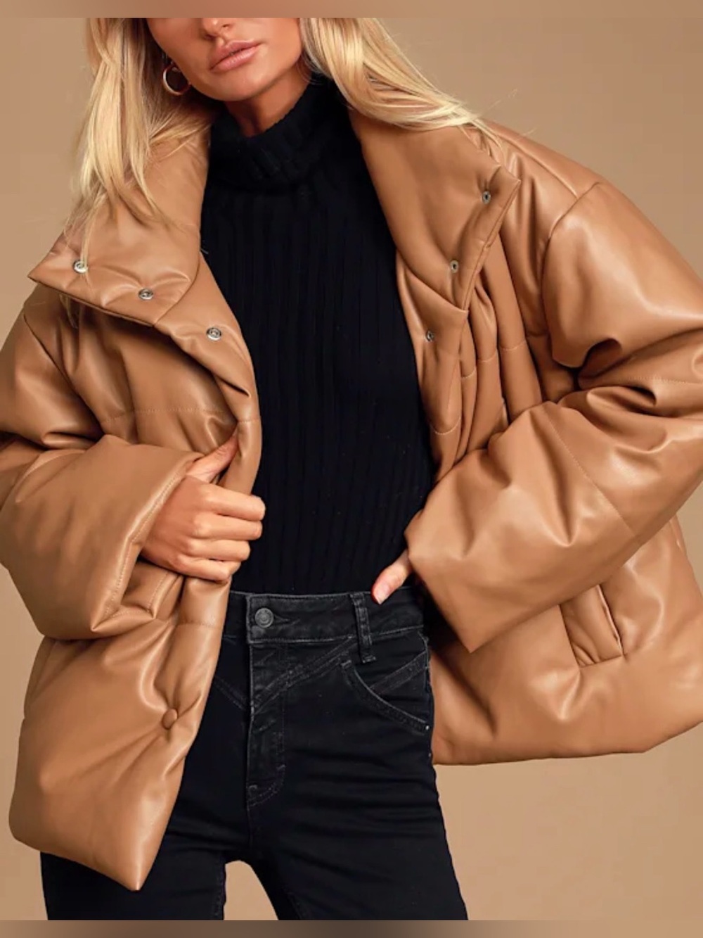 LULUS Women’s Weather or Not Taupe Vegan Leather Puffer Jacket Coat Size XS